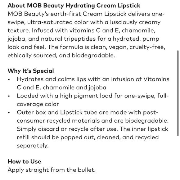 NWT MOB hydrating cream lipstick refill with lip repurpose capsule in M7 - Picture 10 of 12